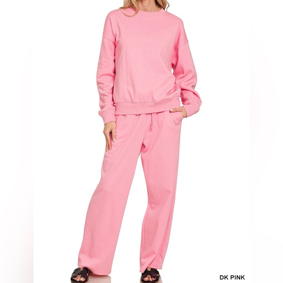 NWT Zenana Fleece Matching Long Sleeve Sweatshirt & Pants Lounge Set Pink - Picture 1 of 3